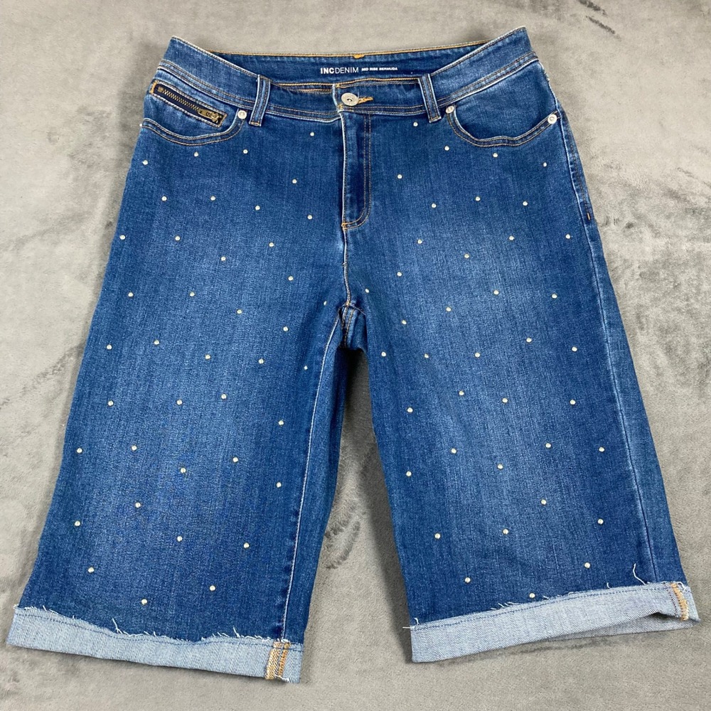 INC International Concepts Studded Mid Rise Bermuda Denim Shorts Blue 10/30